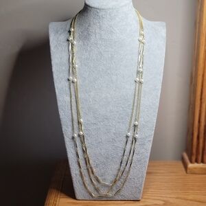 Elegant Gold-tone and Faux Pearl 3-strand Necklace